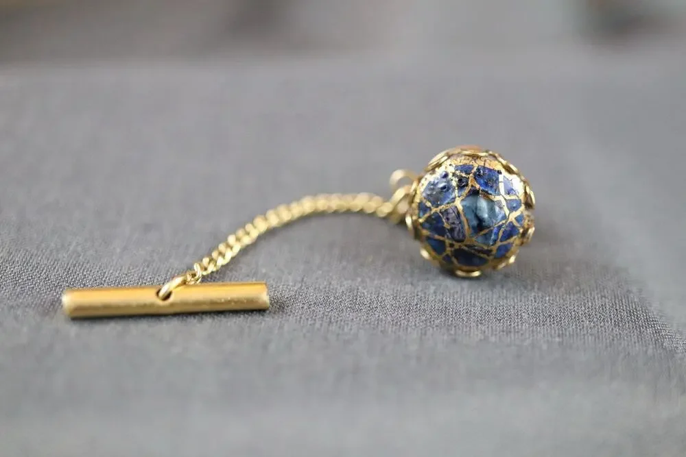 Vintage Gold Tone Tie Tack, Lapis-Style Mosaic Stone Ball, Chain & Bar Back